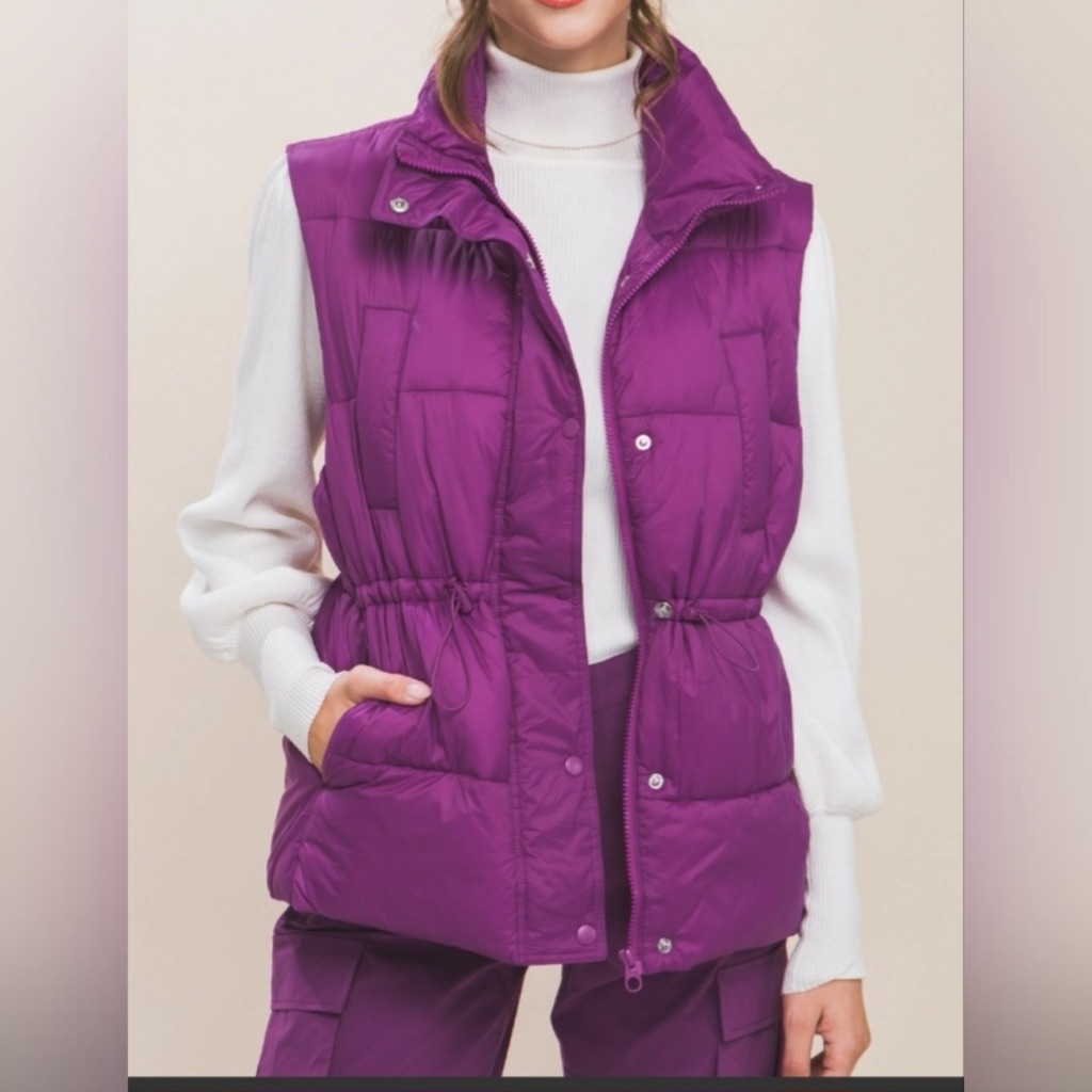 Boho High Neck Toggle Waist Puffer Vest (Violet)